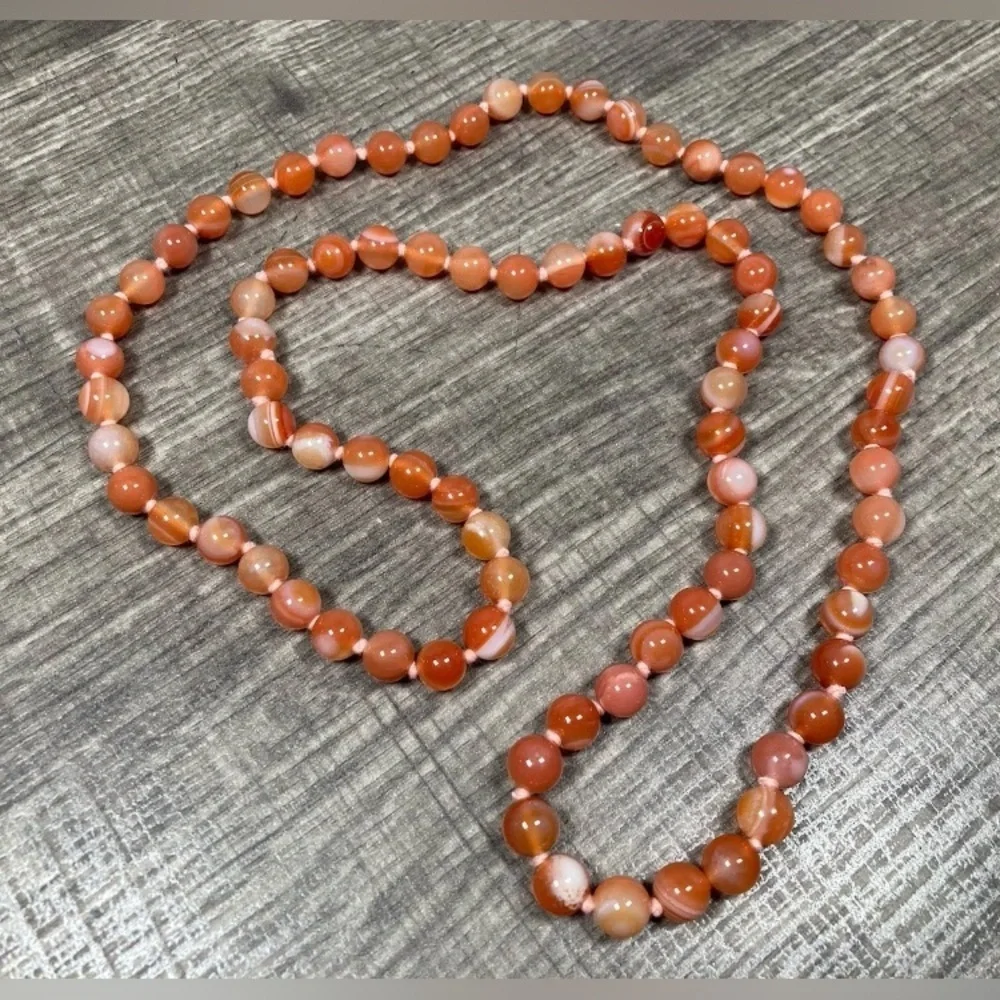 Coral Orange Stone Necklace Banded Agate Round Bead Hand Tied 30” Vintage